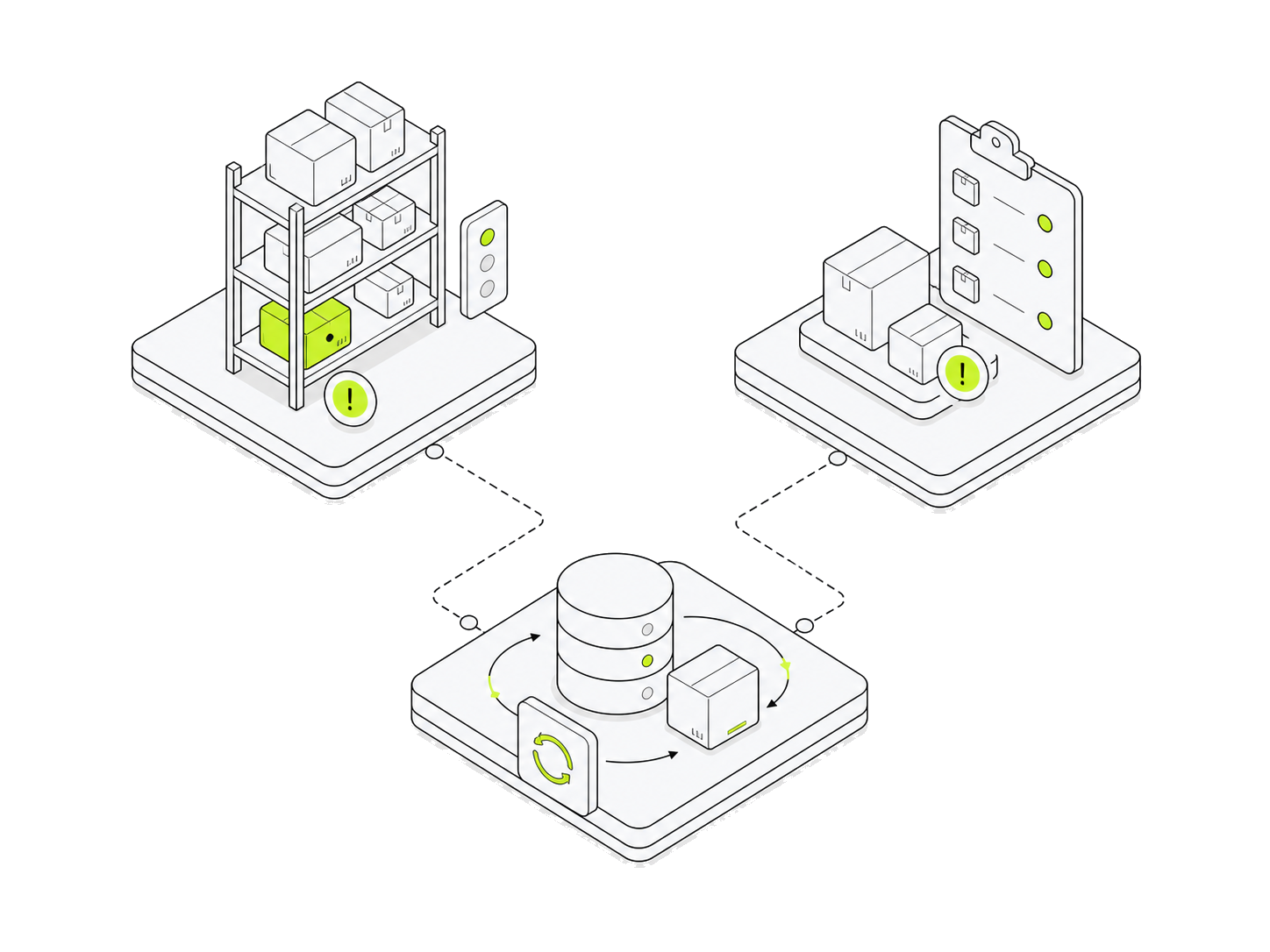 Isometric line-art inventory shelves, stock database, and transfer panels