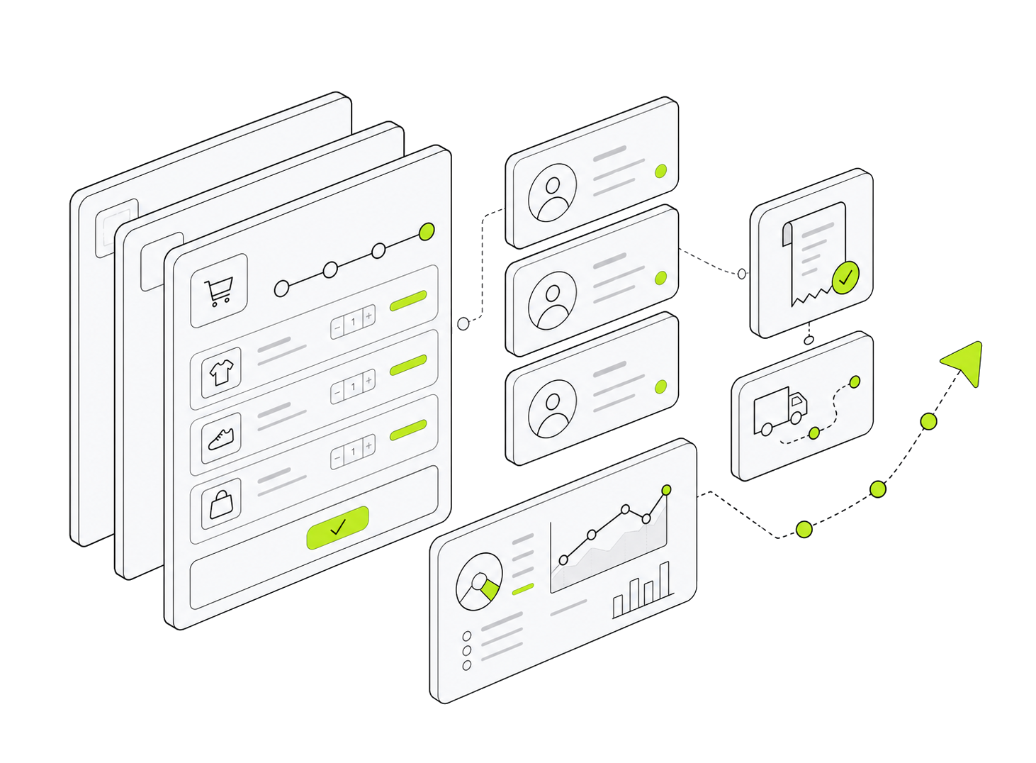 Isometric line-art checkout cards, customer panels, delivery tile, and growth chart