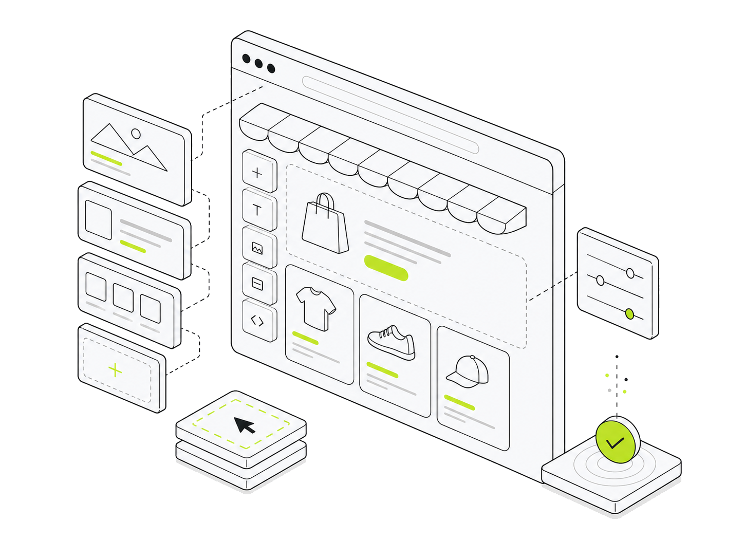 Isometric line-art storefront builder interface with modular ecommerce panels